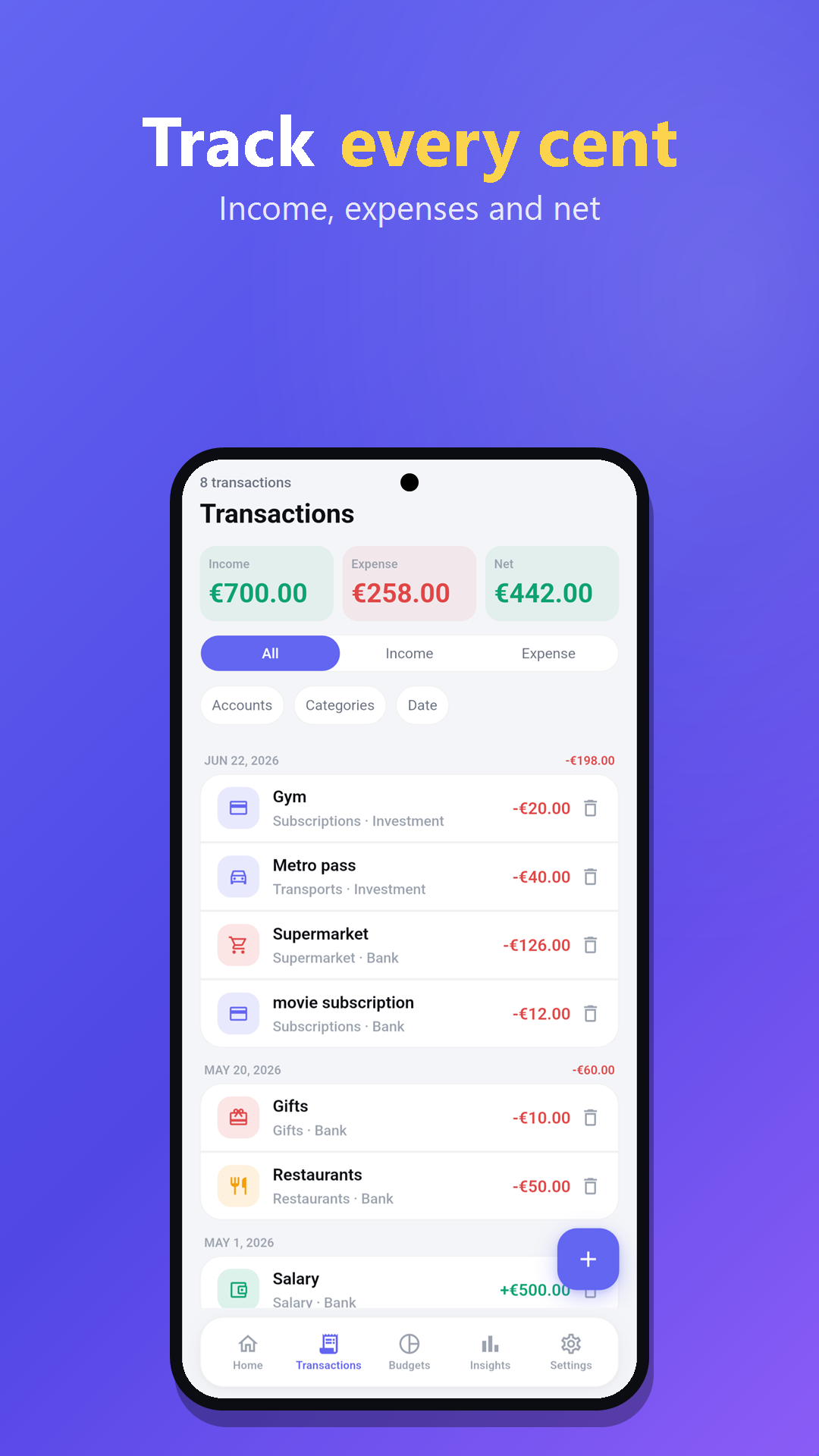 Orza transactions screen listing recent income and expenses